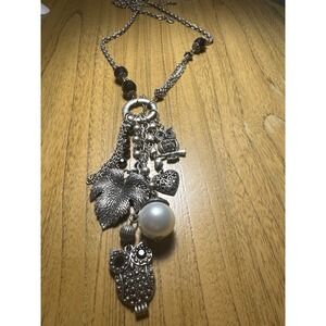 NENA Silver Tone Owl Charm Necklace Black Beads Faux Pearl Boho Tassel 22in